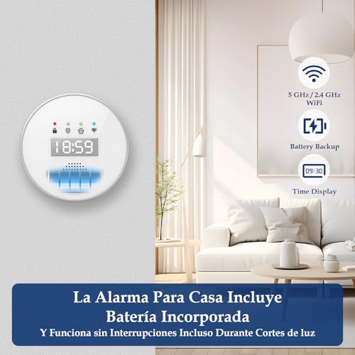 YISEELE Alarma para casa: Kit Alarma casa 5 GHz WiFi - con Reloj y App Gratis - Completo 1 Sirena 125dB - 6 Sensores Puerta/Ventana - 2 Mandos - 1 Central - Compatible con Alexa y Google Home - imagen 3