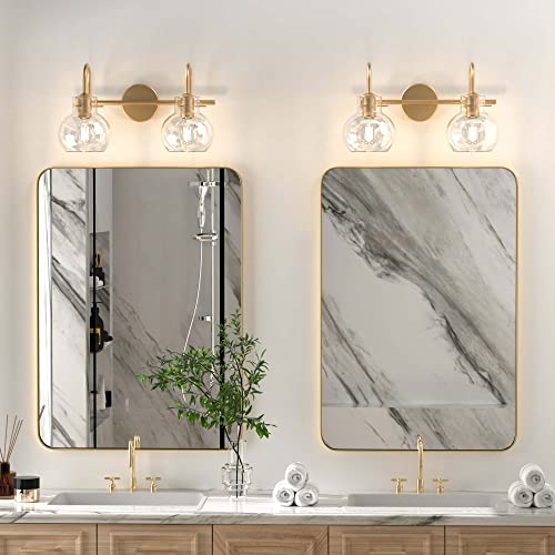 Paihome Gold Bathroom Light Fixture, 2 Light Bathroom Light Fixture, Gold Bathroom Vanity Light With Globe Glass Shade, Brushed Gold Vanity Light Over Mirror, Farmhouse Bathroom Wall Sconce Lighting #TOP3