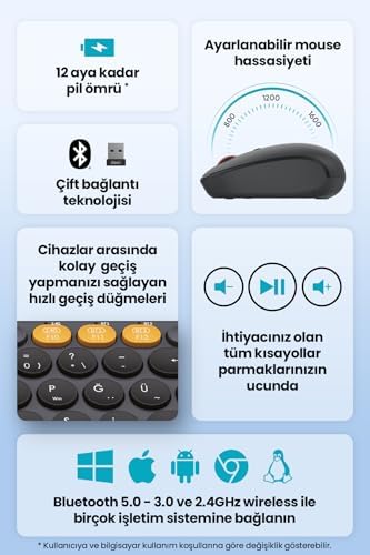 Daxi MK350 Creator Pro Combo Sessiz 3 Kanallı Bluetooth + 2.4G Wireless Türkçe Q Klavye Mouse Seti (Grafit Gri) - Görsel 7