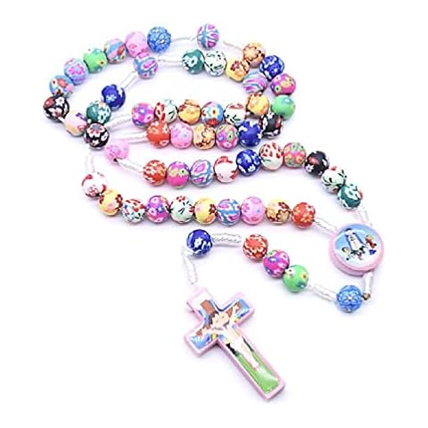 Huihuay Rosary Necklace Catholic Rose Polymer Clay Beads Religion Long Chain Children Charms Cover