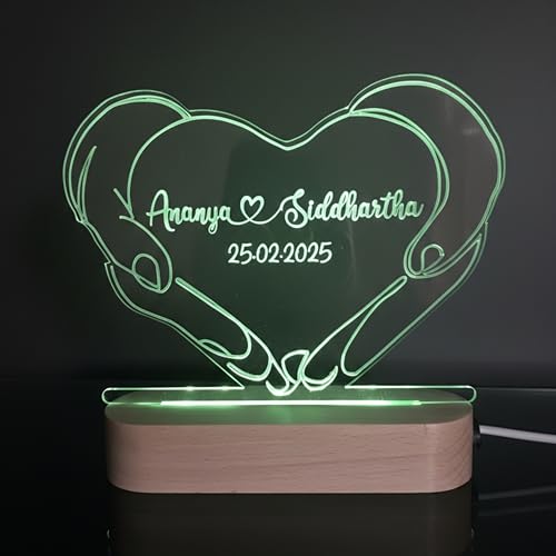 Image of Personalized UV Printed Photo 3D Illusion LED Table Lamp for Couple Gift for Anniversary, Wedding, Marriage, Valentine Day- Your Wooden Base Text Egraved (Multi)