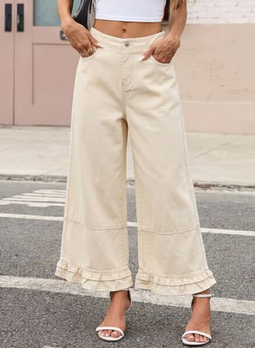 EVALESS Womens Wide Leg Jeans 2026 Trendy Mid-Rise Cropped Baggy Jeans Loose Fit Fashion Ruffle Hem Trouser Denim Pants with Pockets Cream Size 12 — view 2