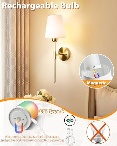 Image of Adetu Battery Operated Wall Sconce Set of 2, Gold Wireless Battery Wall Lights