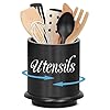 Y&ME YM Utensil Holder, 360° Rotating Kitchen Utensil Holder for Countertop, Bamboo Utensil Crock Utensil Caddy for Flatware, Cooking Utensil Organizer for Farmhouse Kitchen Decor (Black)