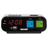 Sharp Digital Alarm Clock with 2X Power Outlets with Surge Protect and Rapid Charge USB Port (Blue/Green)