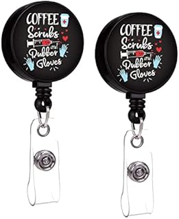 HUBAO 2 Pieces Cute Coffee Scrubs and Rubber Gloves Retractable Badge Reel Holders with Alligator Clip, Nurse Employee Volunteer Name Tag ID Card, Decorative Custom Badge Holder Reel (B2)