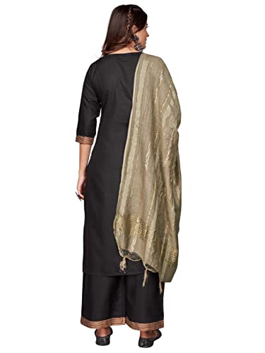 Image of Vbuyz Women's Cotton Blend Solid Straight Stitched Kurta Palazzo with Dupatta (VF-KU-1882-SKD-40 Black Large)