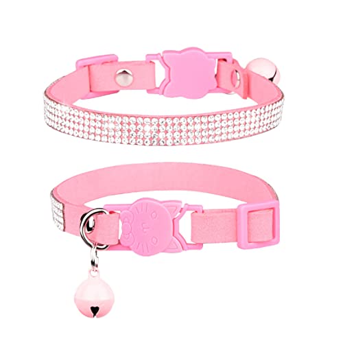 Collar para gato con campanas y portador Airtag rosa, pack de 2 con cristales 8