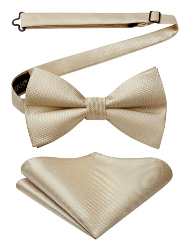 HISDERN Herren Fliege Beige Fliege für Herren mit Einstecktuch Set Einfarbig Seide Vorgebundene Anzug Fliege für Hochzeit...