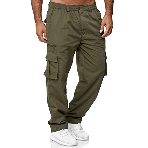 MorwenVeo Herren Cargohose Relaxed Fit Arbeitshose Stretch Elastische Taille Mehrere Taschen Fitness Sporthose, Army Grün, XXL Cover