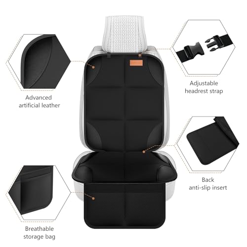 car seat protector large auto protector for child seats with thickest padding and non-slip backing mesh pockets for suv sedan truck leather and fabric - black