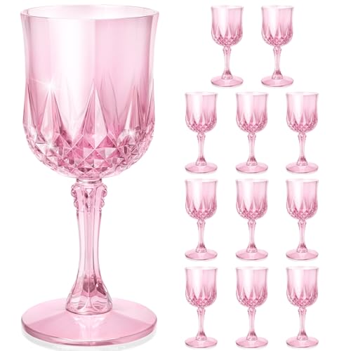 Prashent Plastic Wine Glasses Disposable Plastic Goblets 7.1oz for Wedding Party Holiday Unbreakable Wine Cups with Stem Vintage for Champagne Juice Cocktail (12pcs Pink)
