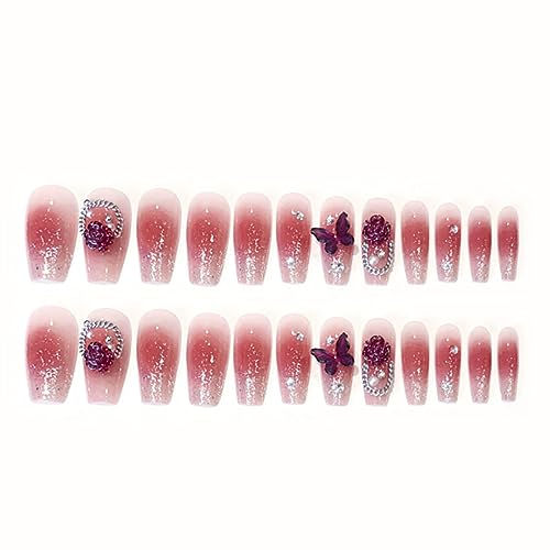 Hkanlre Bling Coffin Press on Nails Fake Nails Tips Full Cover Medium False Gradient Nails for Women and Girls 24PCS (Red Coffin) - Image 3