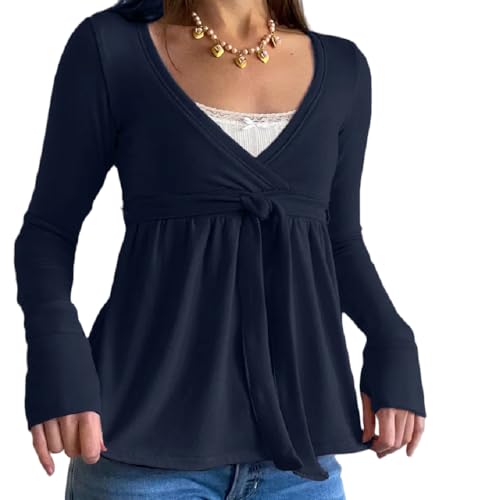 Women Y2k Fairy Lace Patchwork Babydoll Shirt Long Sleeve Pe