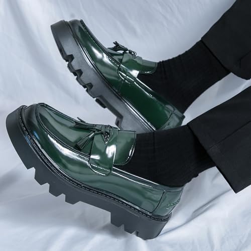 Image of Men's Black Soft Patent Leather Platform Chunky Heel Loafers Fashion Tassel Business Casual Formal Work Shoes Non-Slip Lug Sole Slip-On Penny Loafers