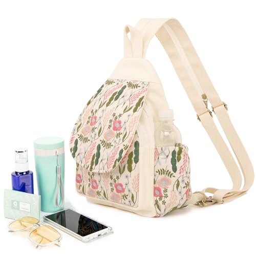 Image of SILKAREA Embroidered Sling Bag for Women, Crossbody Backpack Purse Anti-Theft Travel Daypack, Adjustable Shoulder Chest Pack with Tablet Pocket (Embroidered White-2)