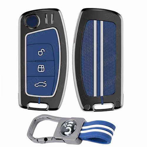 Image of SHOPOFLUX Metal Key Cover Compatible for Ford Old Ecosport | Fiesta | Figo 3 Button Flip Key (Blue Silicone)