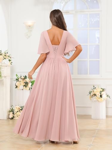 Sukleet Women's V Neck Flutter Sleeve Bridesmaid Dress Long for Wedding Ruffled Chiffon Formal Dress with Slit2