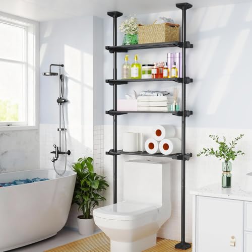 SUNALLY Over The Toilet Storage Shelf, 4-Tier Adjustable Over Toilet Bathroom Organizer,Tension-Mounted Bathroom Storage Rack for Ceilings, No Drill Space-Saving Shelving for Small Rooms,Black