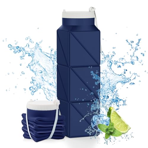 Popdigito Borraccia pieghevole da 610 ml, senza BPA, riutilizzabile, leggera, a prova di perdite, in silicone, per viaggi, escursionismo, ufficio, campeggio, sport all'aria aperta, blu scuro
