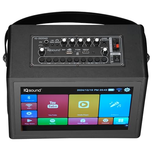 IQ Sound IQ-1505WK Portable Karaoke System with 2X5 Speaker, 12.1" Touch Screen, Android 12.1, Quad-Core, 32GB, 2GB RAM, WiFi, Bluetooth, HDMI, USB/SD, FM Radio, Mic, 5000W Peak, 5400mAh Battery