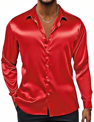 Image of Hi-Tie Men's Silk Satin Dress Shirts Long Sleeve Shiny Casual Button Up Shirts Luxury Party Disco Prom Wedding Shirt