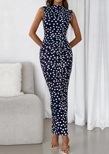 Image of PRETTYGARDEN Women's Summer Maxi Dresses Ruched Bodycon Split Long Dress | Mock Neck, Sleveless, Floral Mesh Dress, Cocktails Dress for Wedding Guest, Party, Summer Outfits 2026