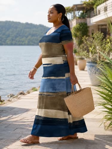 Image of SUZONANA Plus Size Maxi Dress for Curvy Women Summer Casual Sundress Short Sleeve Loose Vacation Dress