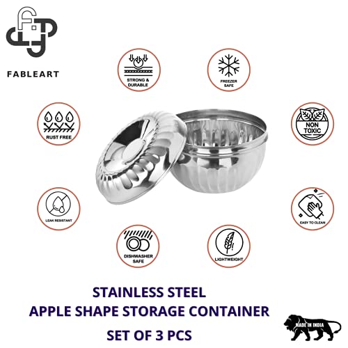 Image of Stainless Steel Stackable Apple Shape Storage Bowl Container Set of 3 Pcs: 500ml, 750ml & 1100ml for Storing & Serving Purposes