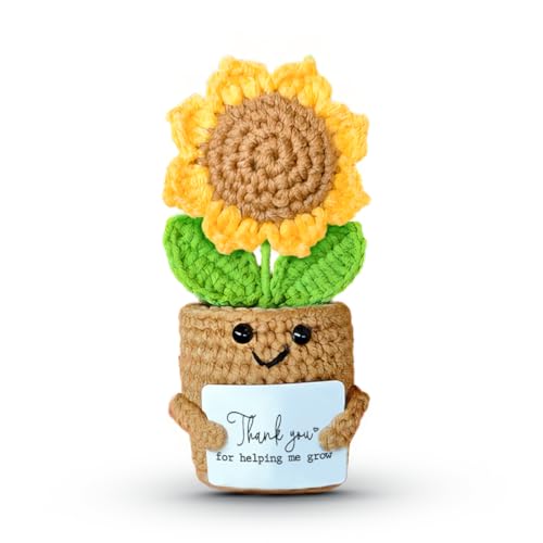 Mini Sunflower Thank You Gift for Teacher Boss Manager, Handmade Crochet Positive Plant with Card, Appreciation Gifts for Women, Cute Small Desk Decor, End of School Year Christmas Graduation Present