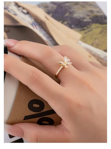 Kokoma Delicate Butterfly Ring for Women Cubic Zirconia Pearl Statement Ring Open Finger Band Engagement Promise Rings Adjustable Wedding Bands3