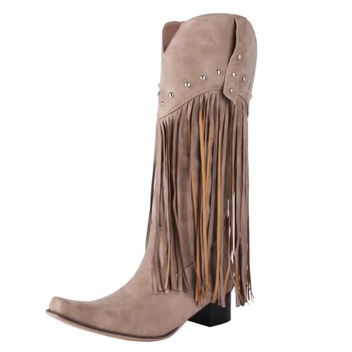 Image of KiutSymo Mid Calf Fringe Boots For Women Cowboy Pointed Toe Chunky Heels Cowgirl Western Tassel Boots