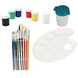 ALCANCE DE LA ENTREGA: 6 macetas de manchas, 1 taza de cepillo, 1 paleta de mezcla y 10 pinceles escolares // Cerdas: marrón y negro // Material: madera, aluminio, plástico