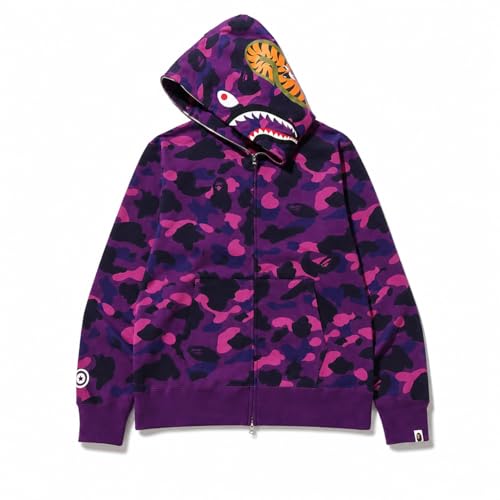 Camo Hoodie with Shark Embroidery Jacket Full Zip Lightweight Couple Sweatshirt for Young Boy&Girl Purple 3XL