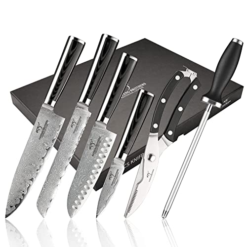 NANFANG BROTHERS Damascus Knife Set with Premium Box Japanese Knife Set Chefs Knife Sets Professional 6 Pieces Chef Knife Bread Knife Santoku Knife Paring Knife Knife Sharpener Shear