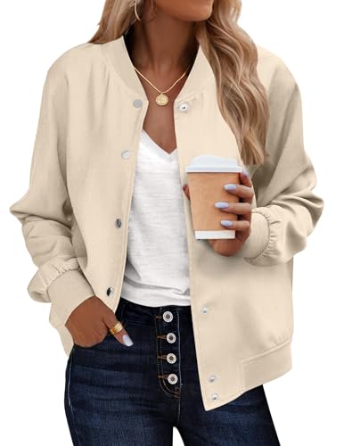 Zeagoo Women's Bomber Jackets Varsity Jacket Lightweight Trendy Pocketed Windbreaker Button-up Casual Moto Outwear L Champagne