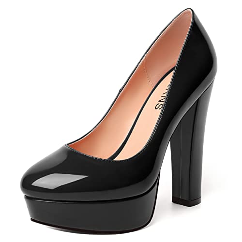 WAYDERNS Womens Round Toe Slip On Casual Platform Wedding Patent Block High Heel Pumps Shoes 5 Inch