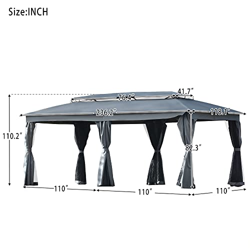 110X220 Hardtop Gazebo Canopy With Galvanized Steel Double Roof, Aluminum Frame, Permanent Pavilion Outdoor Gazebo With Oxford Cloth And Curtains For Patio, Garden, Backyard, Gray #TOP2
