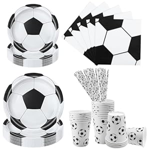 Aitsite Juego de 100 platos para fiesta de fútbol, color blanco y negro, platos de fiesta de cumpleaños para 20 invitados, vajilla de fútbol para cumpleaños, decoración para fiestas de cumpleaños