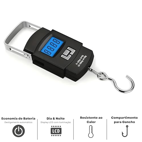 Balança Digital Portátil Com Gancho, Capacidade Até 50kg, Função Tara, Desliga Automático, Precisão