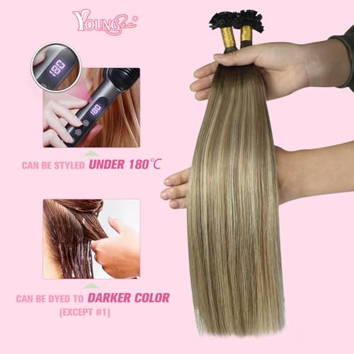 Image of YoungSee K Tip Hair Extensions Balayage Keratin Tip Hair Extensions Balayage 24 Inch Long Dark Brown Ombre Brown with Blonde 50s /50g