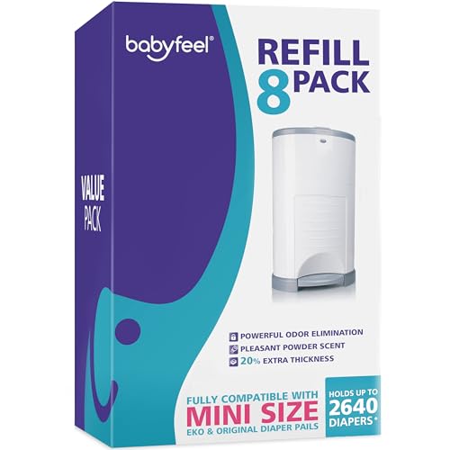 Image of Babyfeel Refills Compatible with DEKOR MINI Diaper Pails | 8 Pack | Exclusive 20% Extra Thickness | Diaper Pail Refills with Powerful Odor Elimination | Powder Scent | Holds up to 2640 Diapers