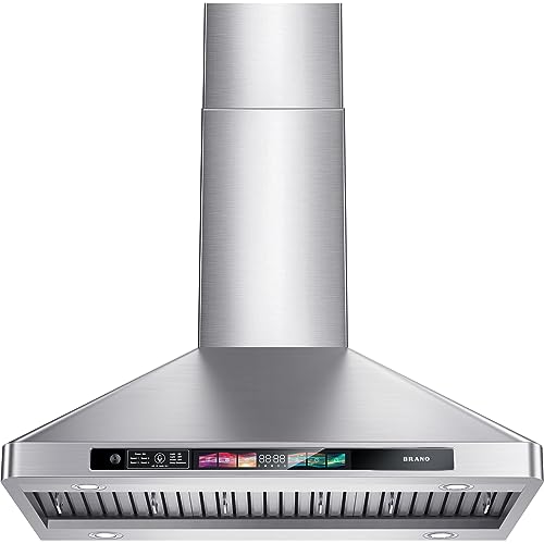 BRANO 30 Inch Wall Mount Range Hood with Voice/Gesture/Touch Control, 900 CFM Stainless Steel Kitchen Hood Vent with 4 Speed Exhaust Fan, 4 Adjustable Lights, Memory Mode, Ducted/Ductless Convertible