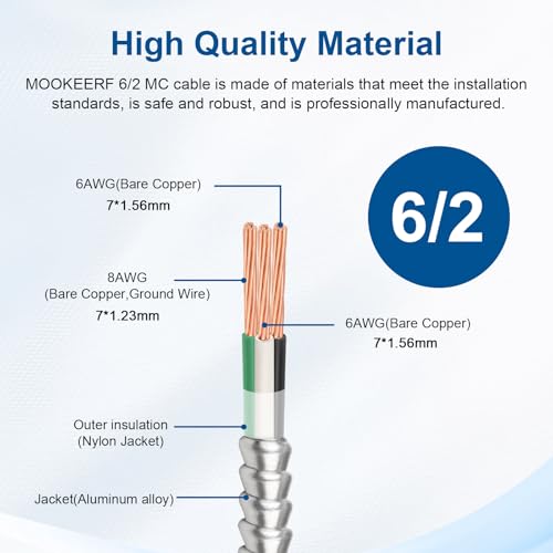 Image of 6 /2 MC Cable with Ground - 100FT Pure Copper 6AWG /2 Metal Clad Wire with Aluminum Armor 6 Gauge 2 Conductor Type MC Alum Cable