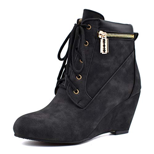 MIOKE Women's Wedge Dressy Ankle Boots Round Toe Lace Up Zipper Comfy Chunky High Heel Winter Short Booties