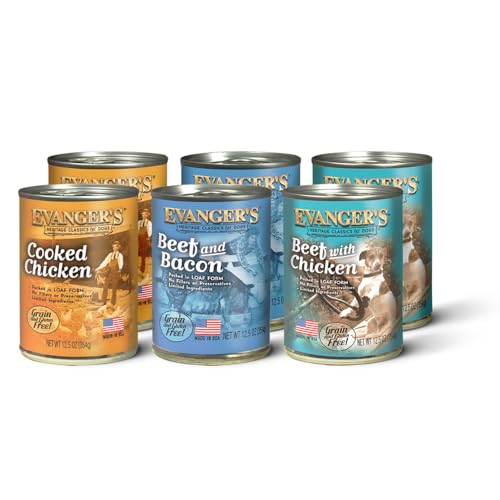 Evangers Heritage Classics for Dogs Variety Pack 2 Count Each 12.5 oz Beef & Bacon Beef with Chicken & Cooked Chicken Grain-Free Recipes Balanced & Nutritious