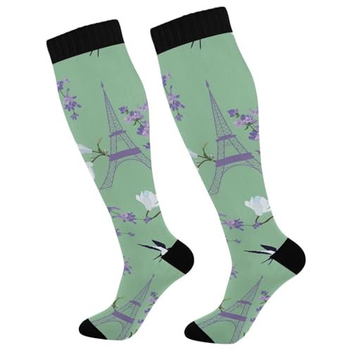 Dussdil Eiffel Tower Lavender Magnolia Swallow Compression Socks for Women Men Circulation Long Knee Socks for Sport Running Cycling Stockings