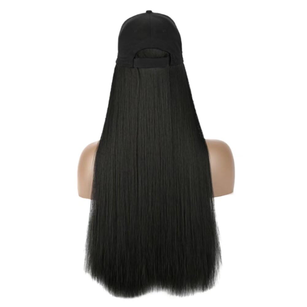 LaLuLoLi Baseball Cap with 24"/60cm Synthetic Hair Extensions Black Hat Straight Hair Long Natural Black Hairpiece Attached Hats Hair Pieces Wig for Women Daily Party Use (natural black) - Image 4