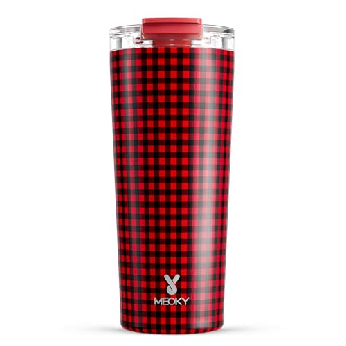 Meoky 24 oz Insulated Travel Coffee Mug: Leak Proof Lid, Crimson Plaid