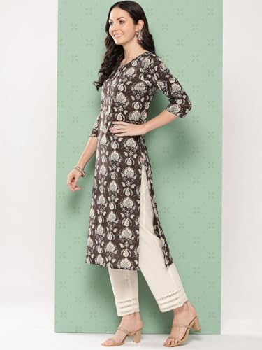 Image of Varanga Women Grey Floral Printed Straight Kurta with Three Quarter Sleeves
